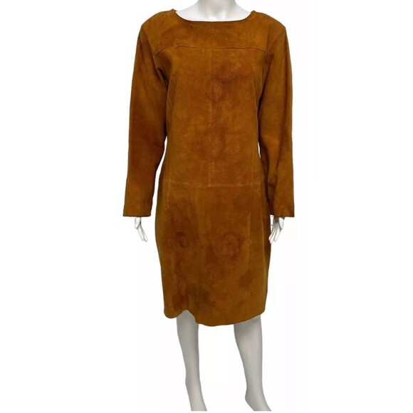 Vtg Vanna White Original Women's Long Sleeve Brown Leather Suede Dress Sz M - Picture 2 of 11